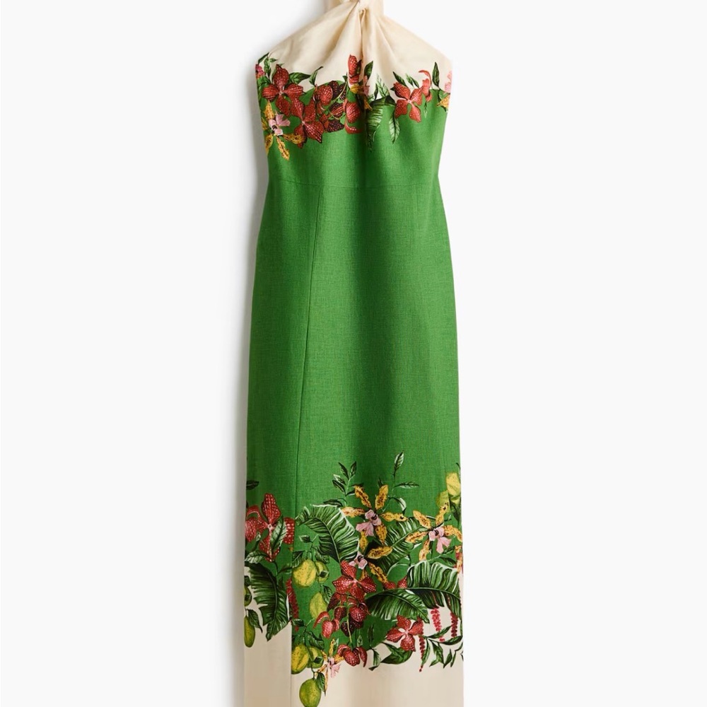 H&M Green and Cream Floral Linen dress XS NWT